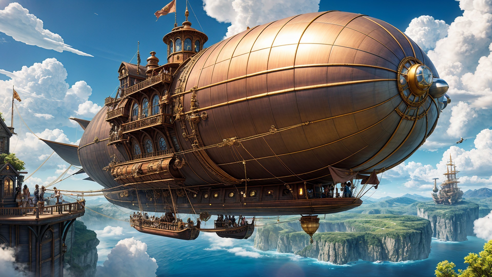 Steampunk Airship Overlooking Lush Green Cliffs