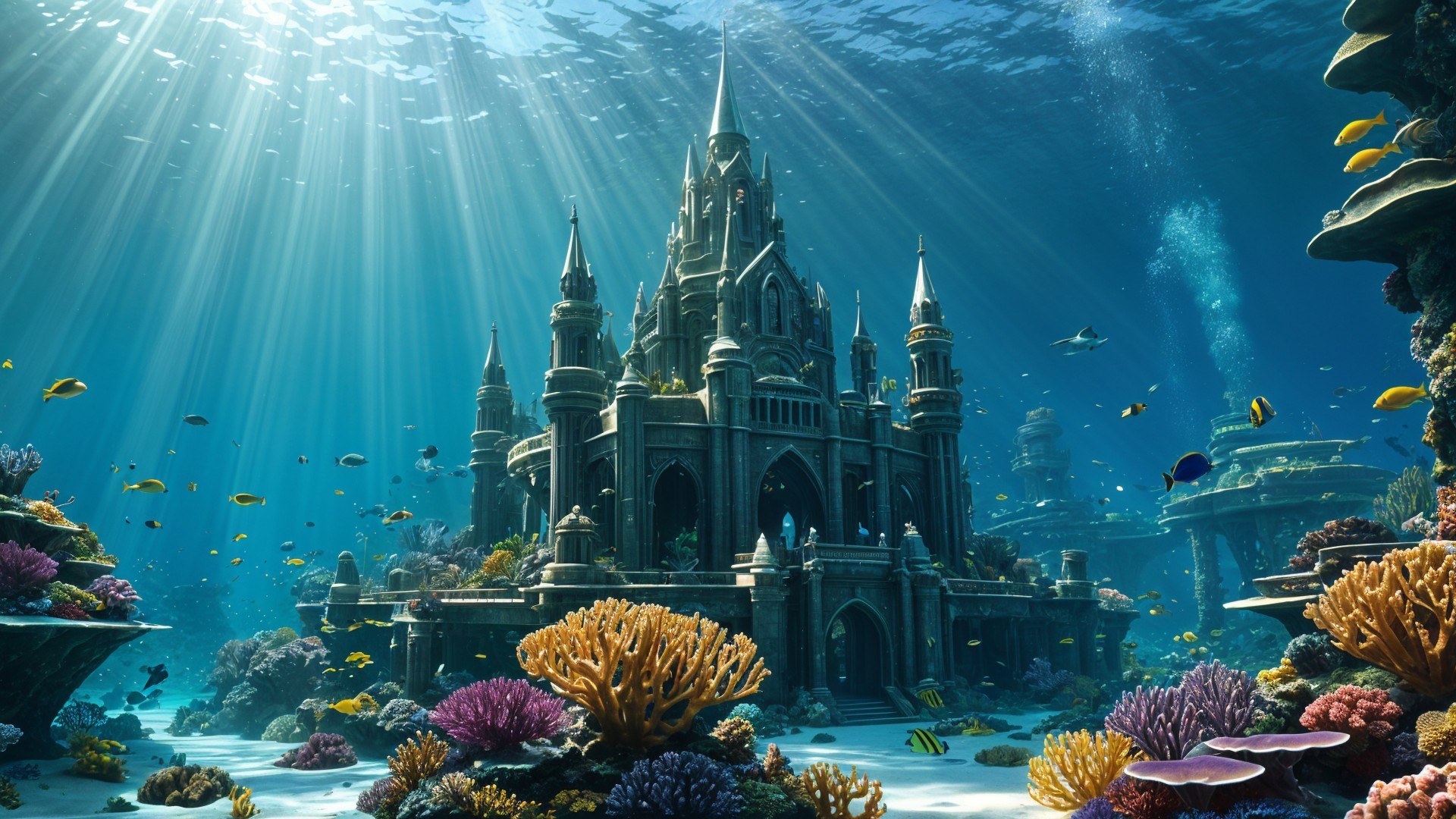 Underwater Scene with Castle and Vibrant Marine Life