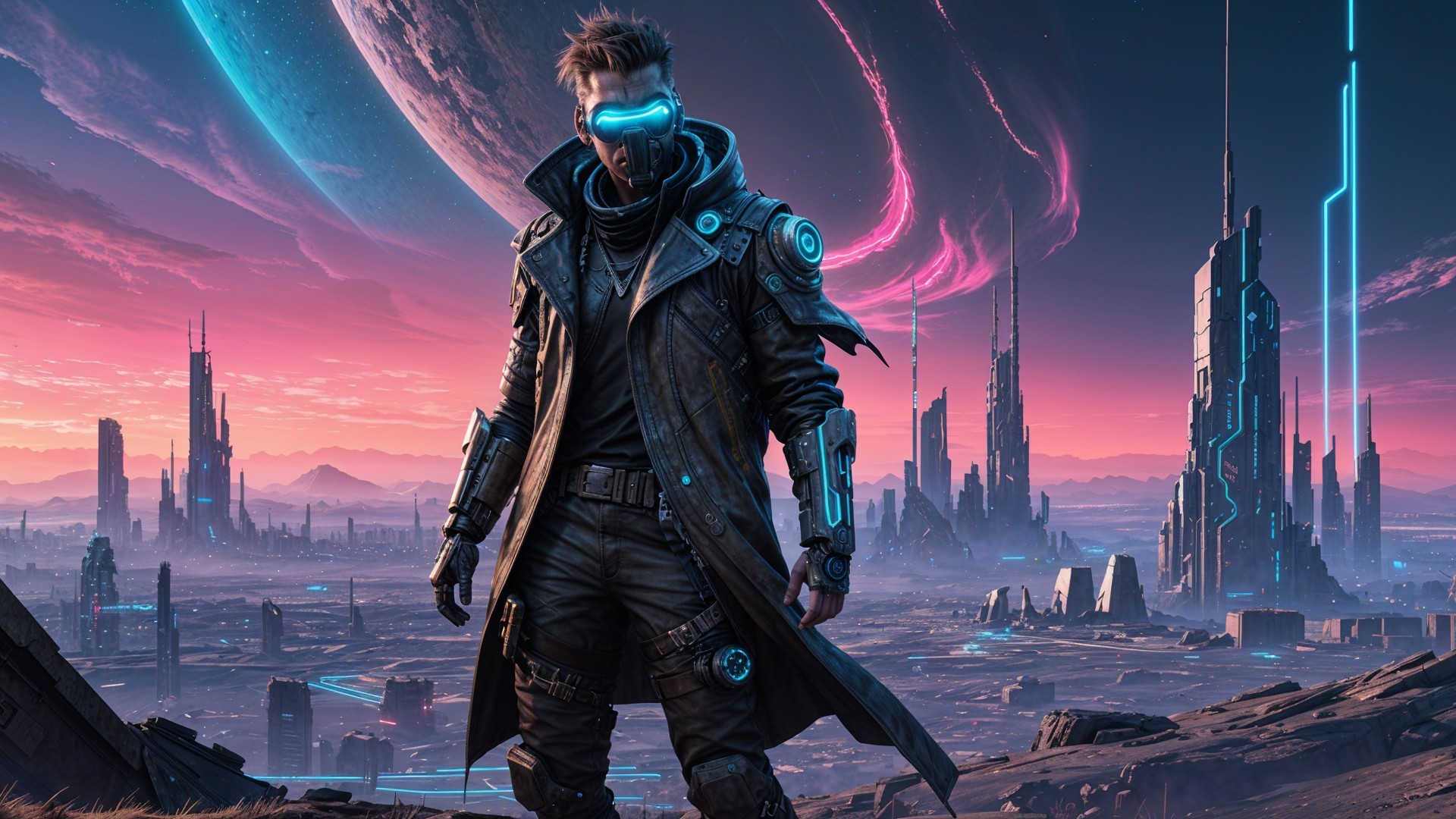 Futuristic warrior in a neon-lit dystopian landscape