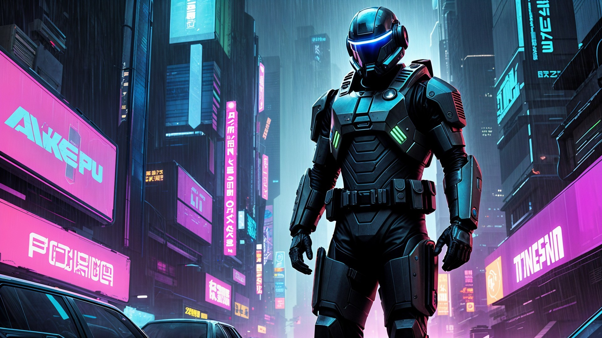 Futuristic Cyberpunk Scene with Armored Figure in City