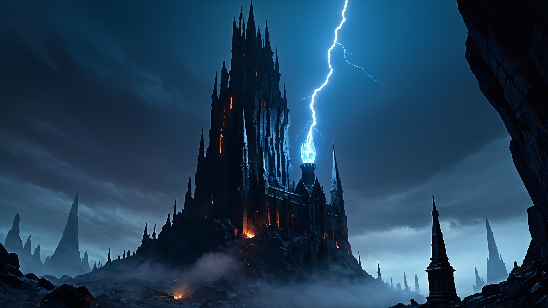 Dark Castle Under Stormy Sky with Lightning and Fog