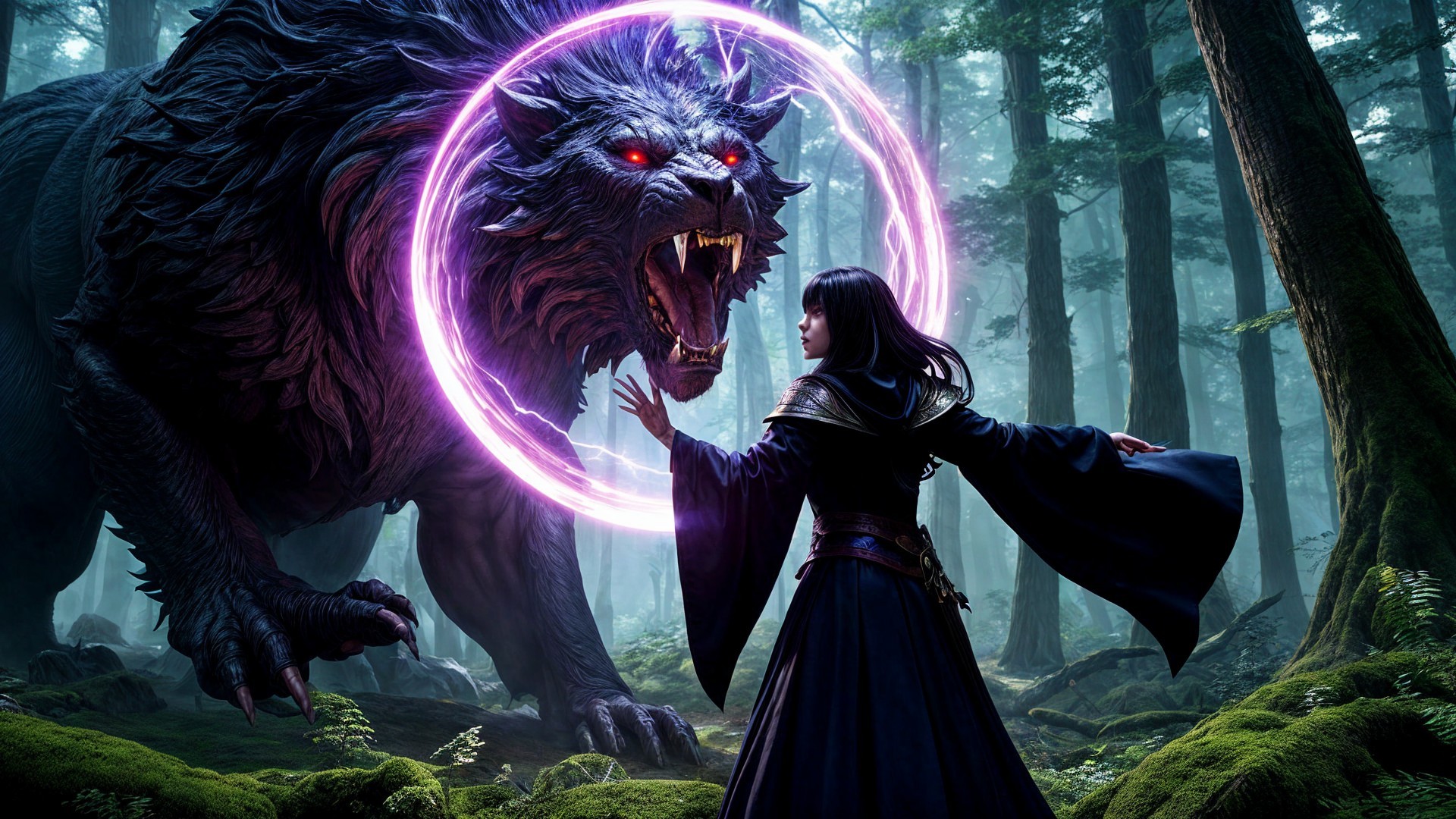 Sorceress and Glowing-Eyed Wolf in Enchanted Forest