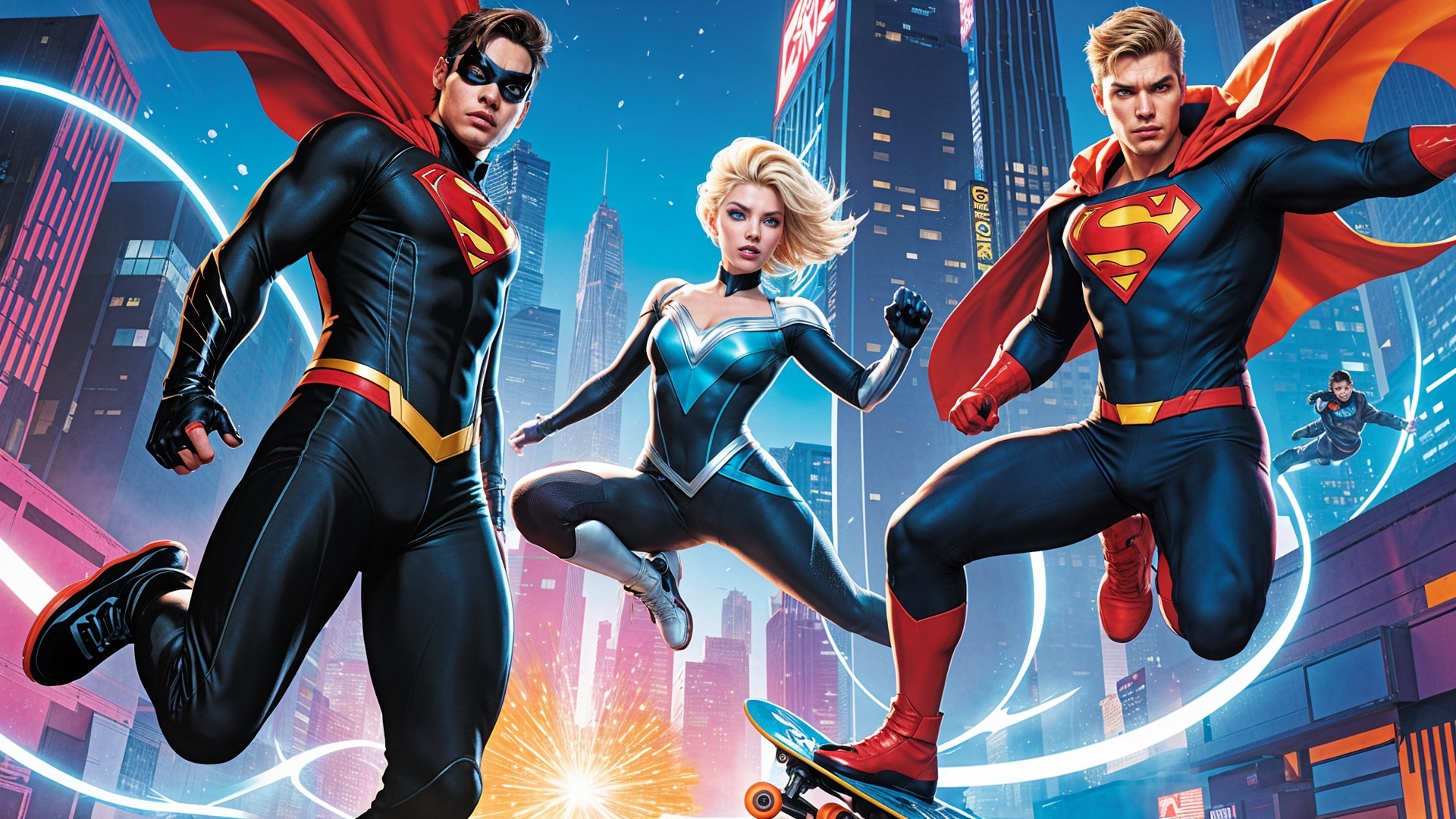 Superheroes in Modern Suits Against City Skyline