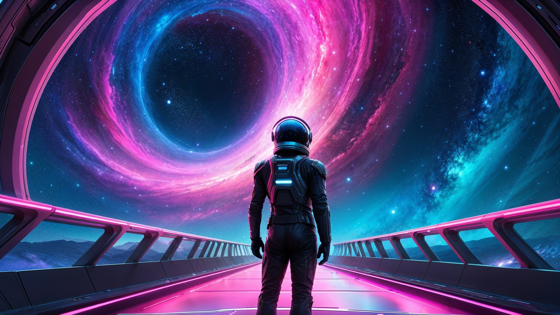 Astronaut on Bridge Overlooking Cosmic Vortex Scene