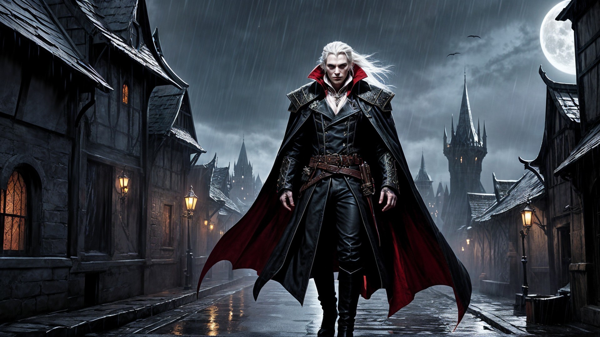 Mysterious Figure in Gothic Rainy Street Scene