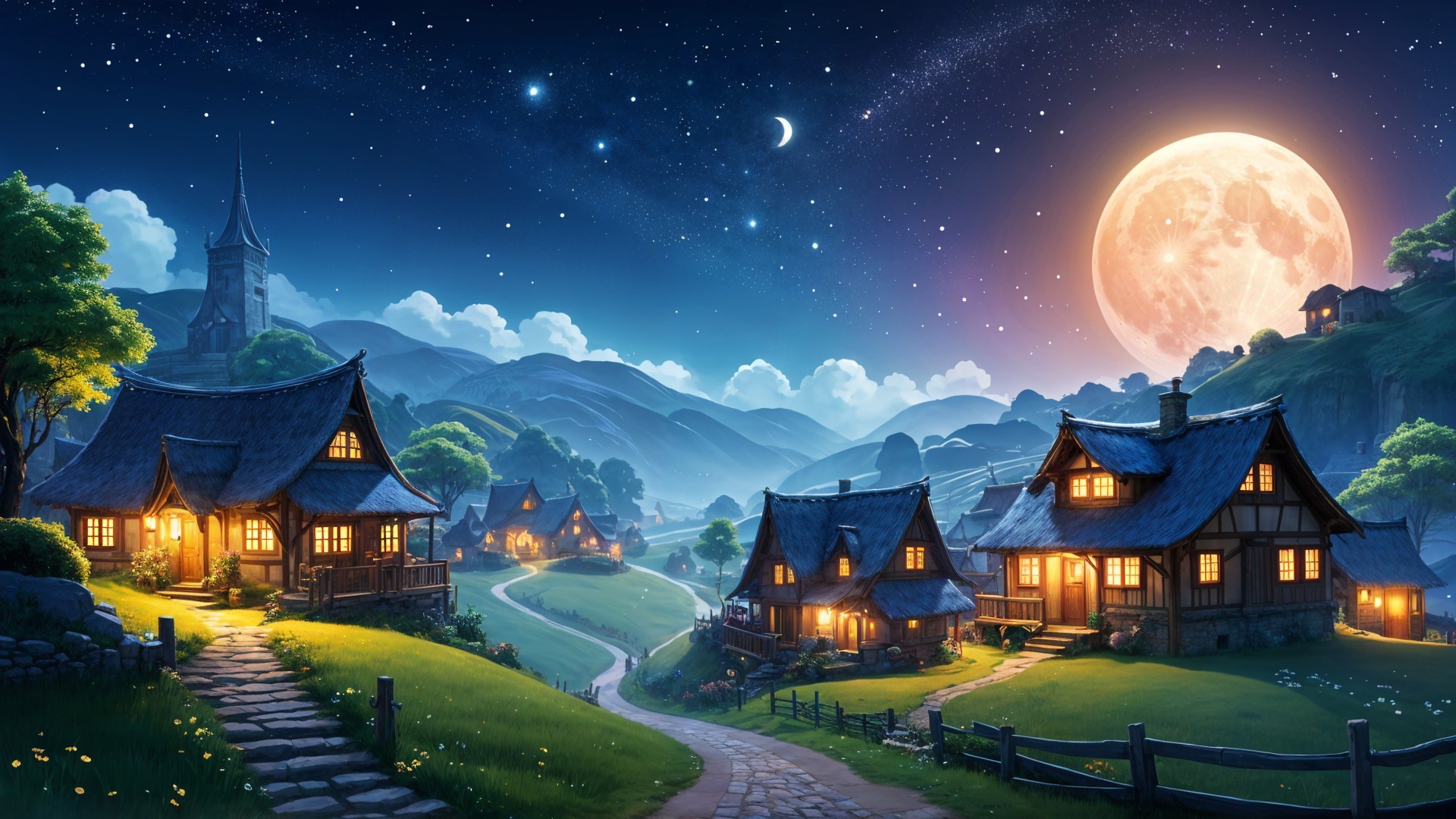Moonlit Village Scene with Quaint Houses and Hills