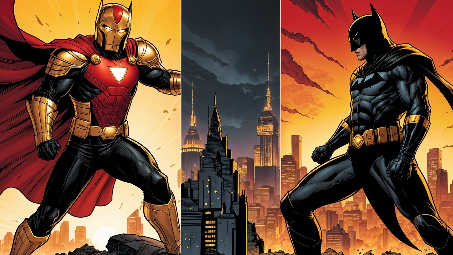Superheroes in Dynamic Comic-Style City Skyline Scene