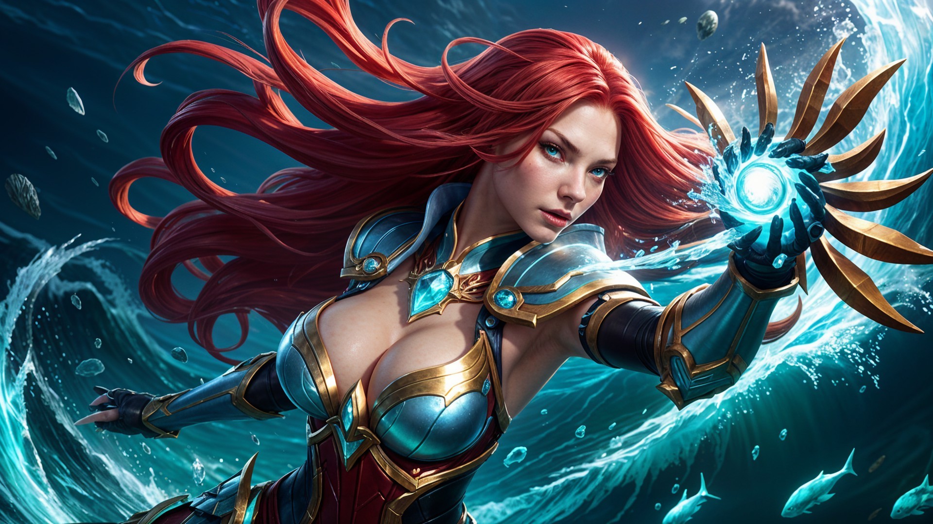 Female warrior with red hair and glowing energy orb