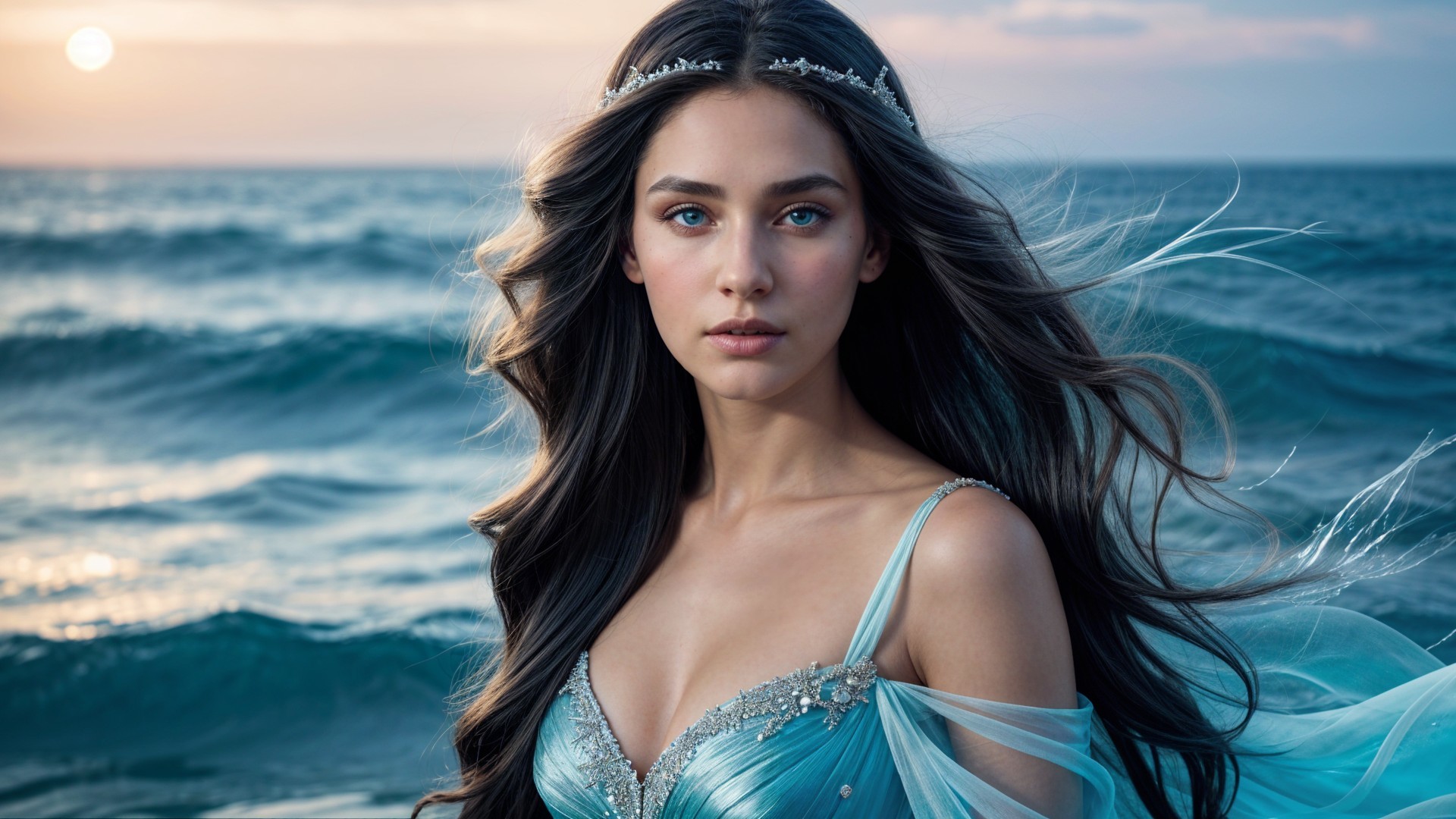 Young woman in flowing gown by tranquil shore at sunset