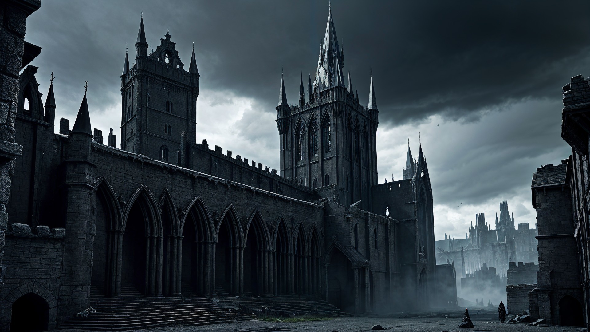 Gothic Castle Under Stormy Sky with Eerie Atmosphere