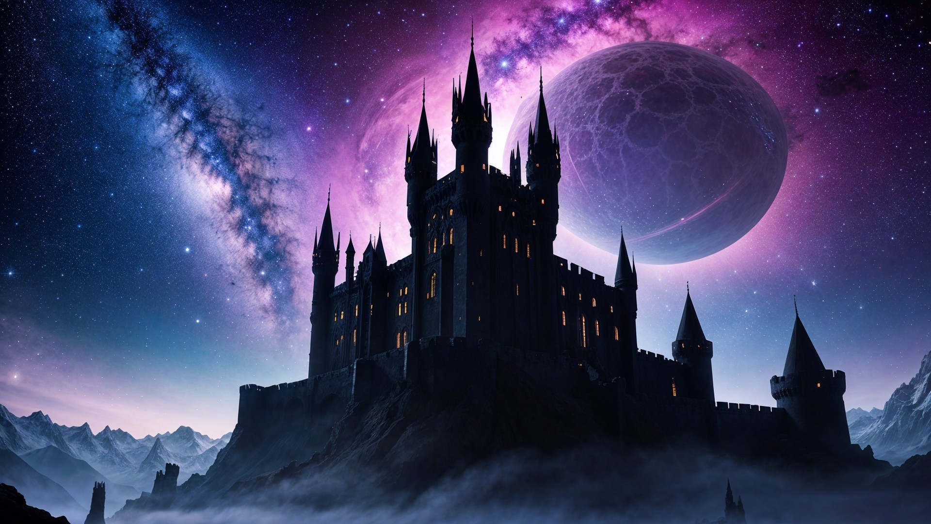 Majestic castle on a hill under a starry night sky
