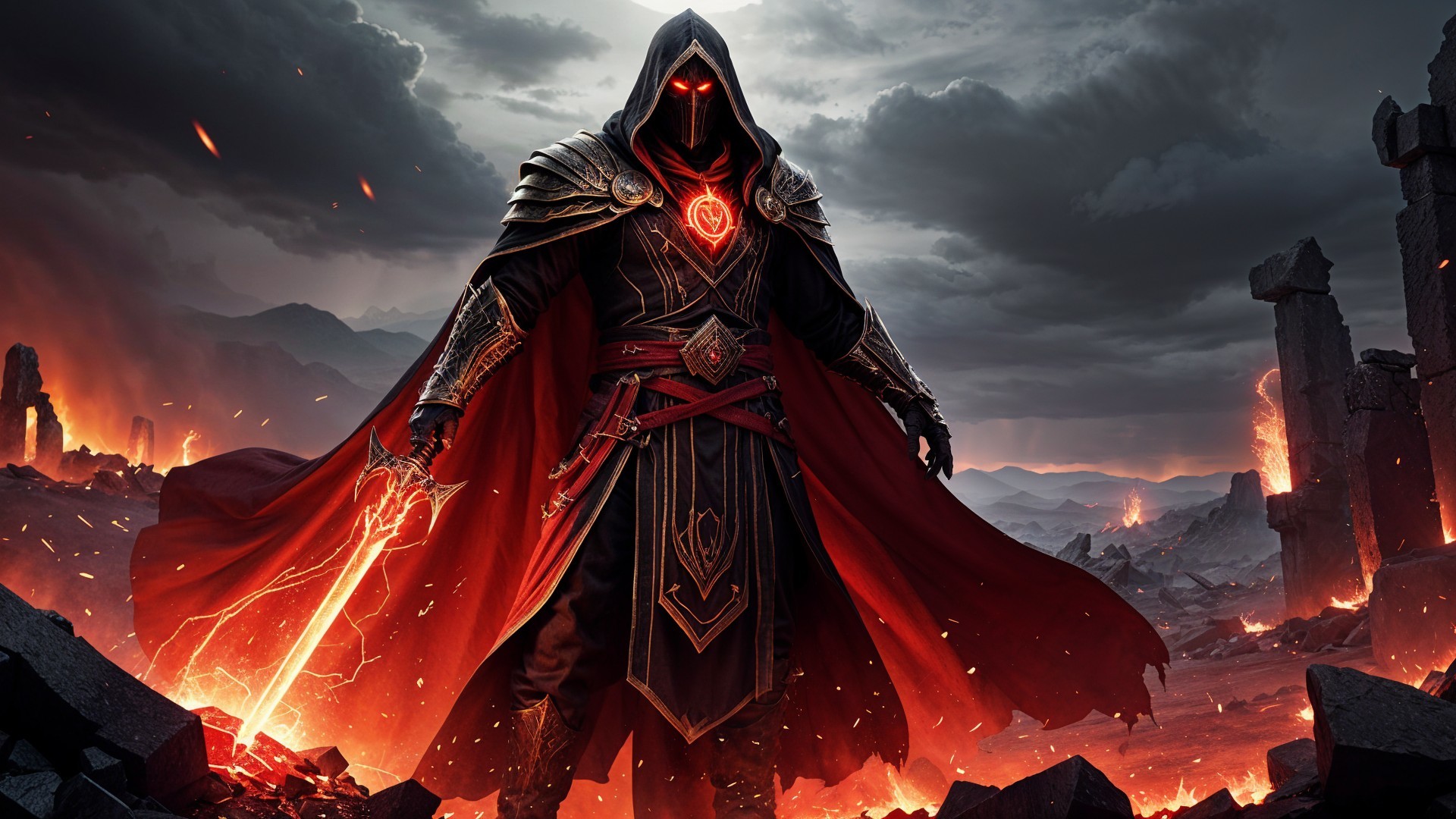 Mysterious Figure in Dark Armor in Fiery Landscape