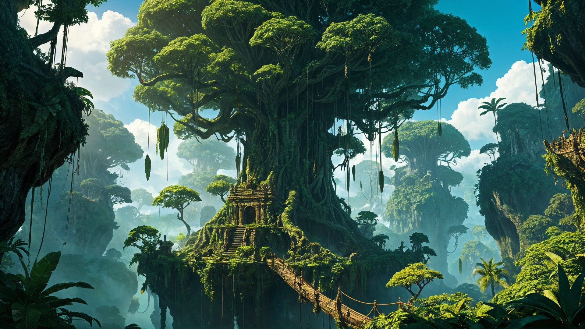 Majestic Tree Overlooking Ancient Ruins and Foliage