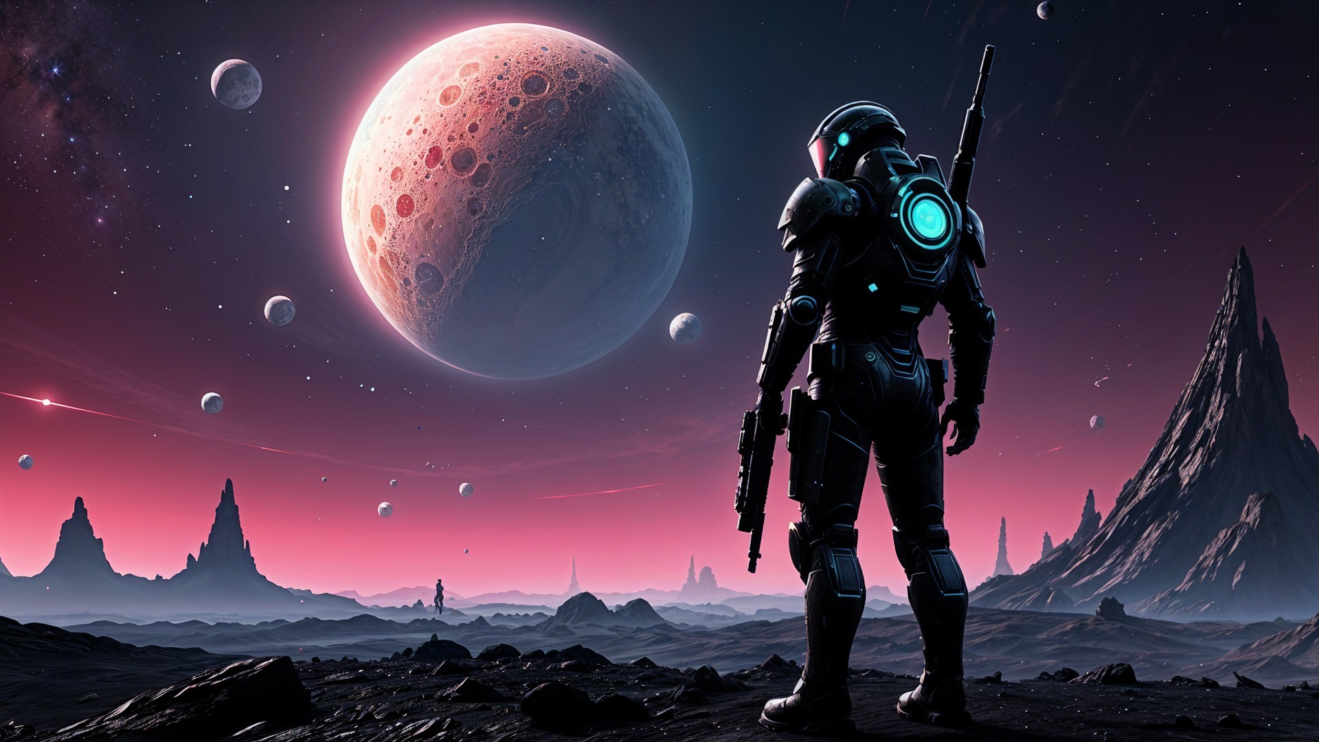Futuristic Astronaut on Alien Landscape with Colorful Planet
