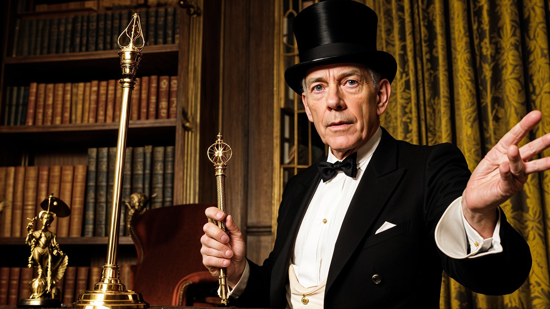 Gentleman in Formal Attire in Opulent Library Setting