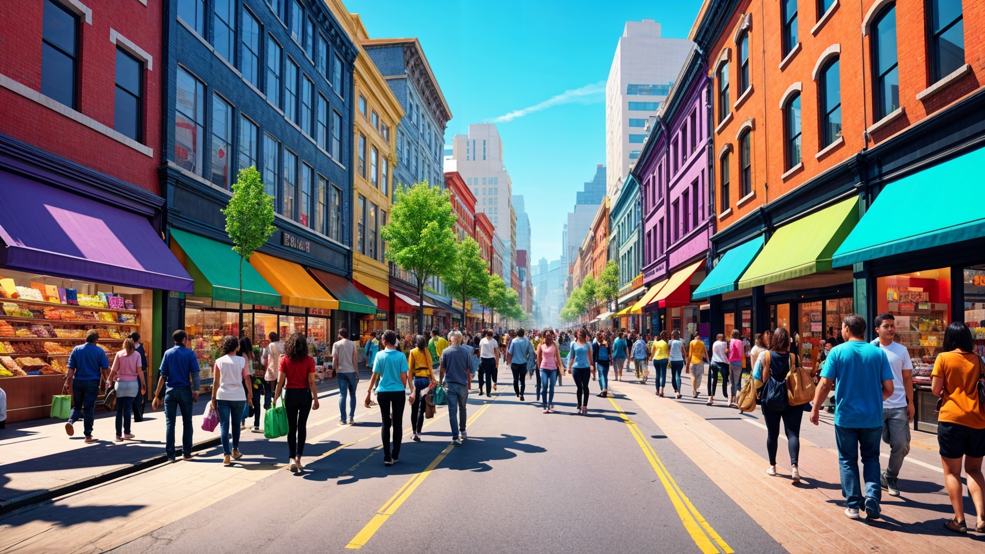 Vibrant Urban Street Scene with Colorful Storefronts