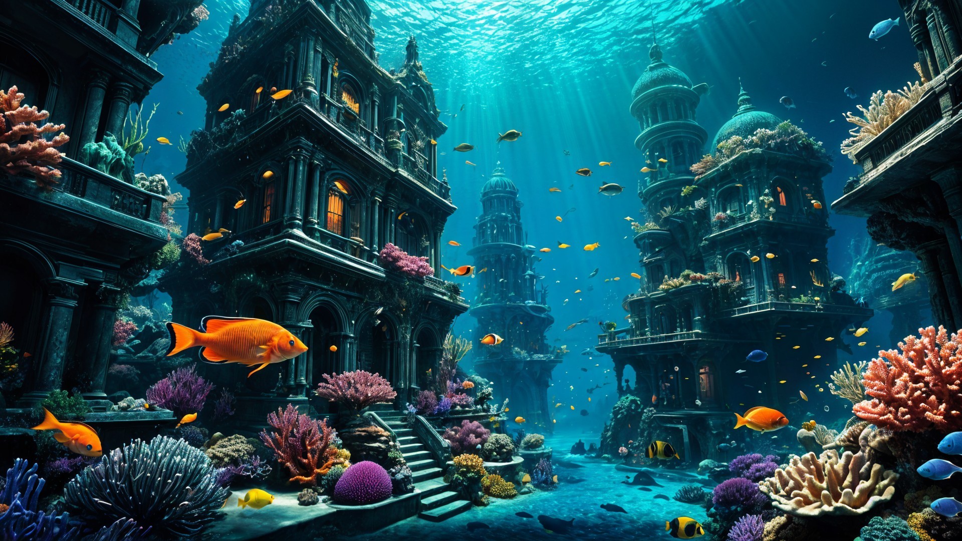 Vibrant Underwater City with Ancient Structures and Fish