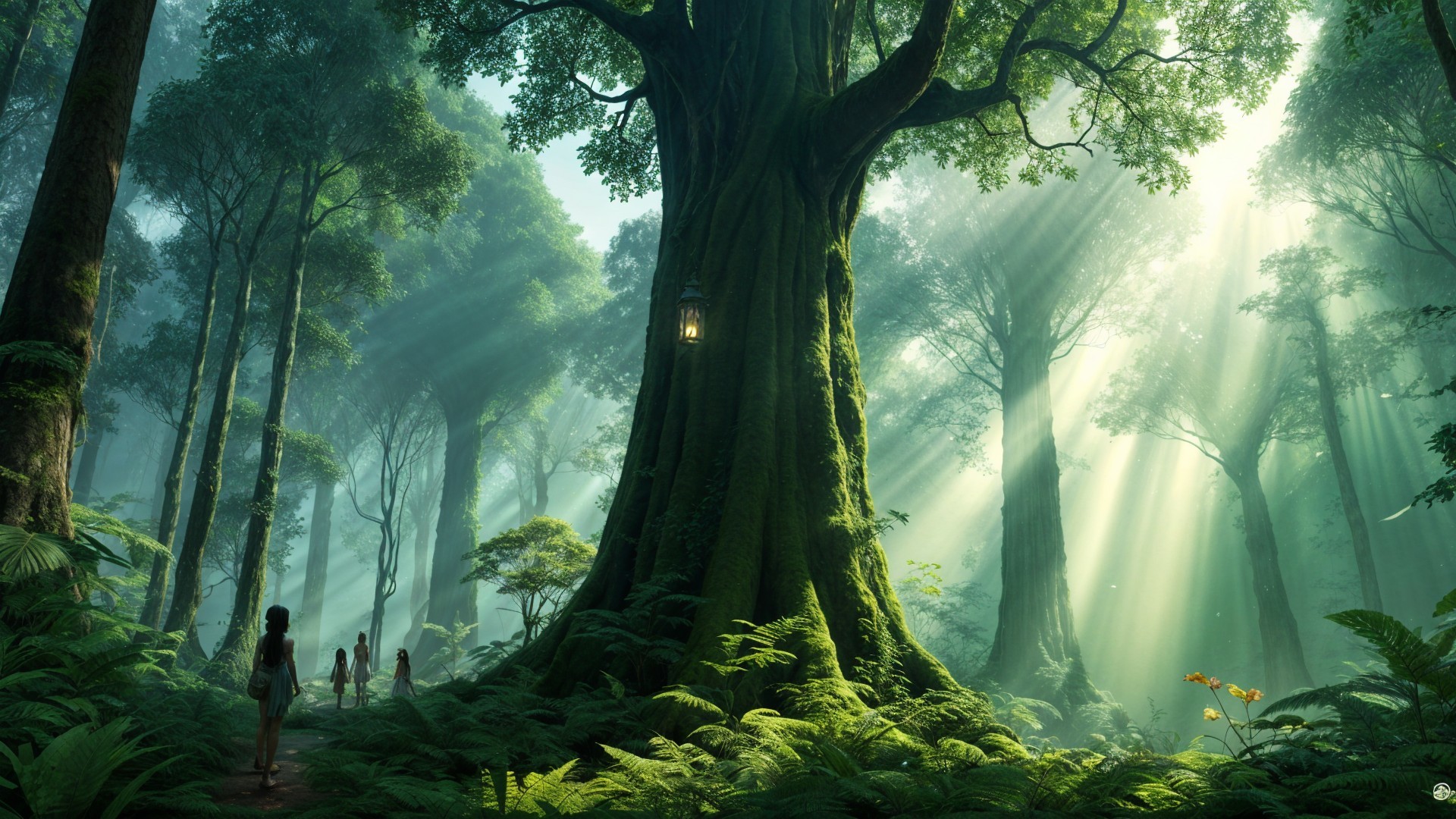 Magical Forest with Towering Trees and Lush Foliage