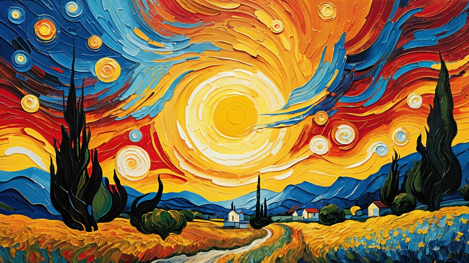 Vibrant Landscape with Swirling Sunset Sky and Cypresses