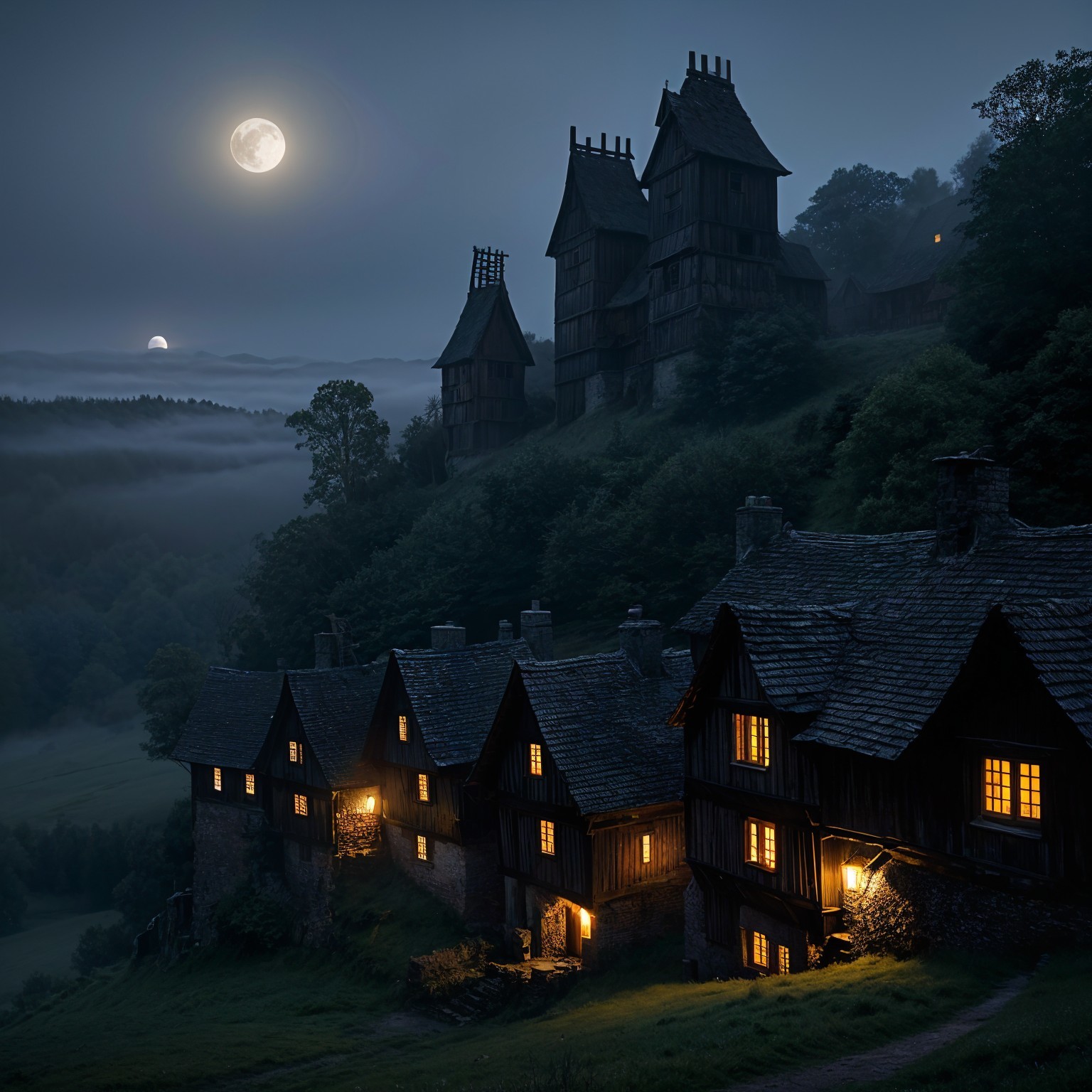 Ancient village illuminated by a full moon at twilight