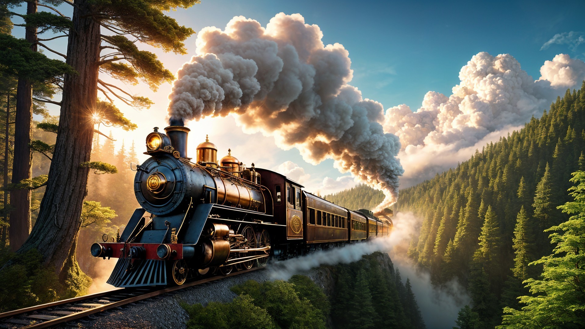 Vintage Steam Train in Lush Forest Landscape