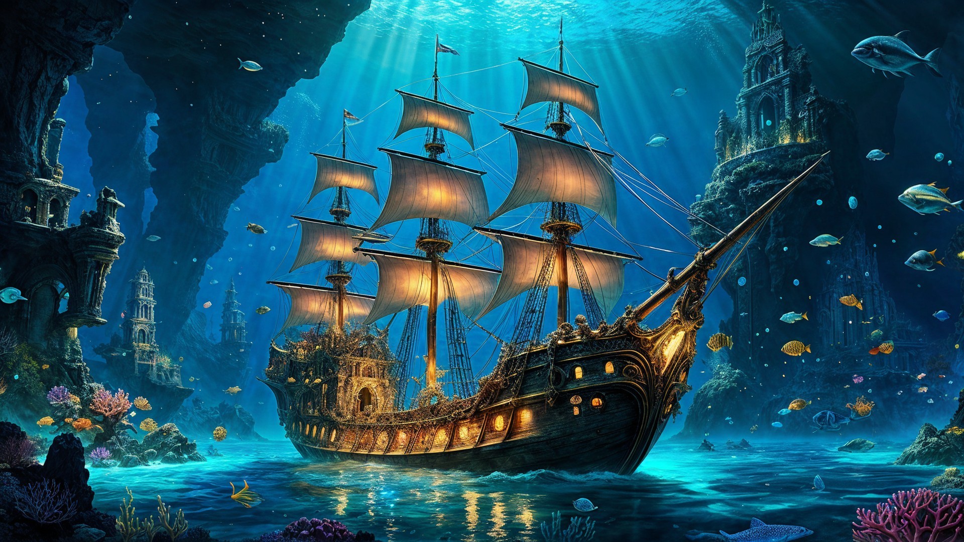 Majestic ship navigating vibrant underwater scenery