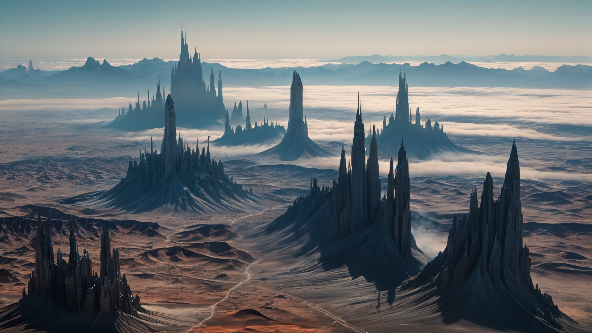 Surreal Landscape of Towering Spires and Foggy Valley