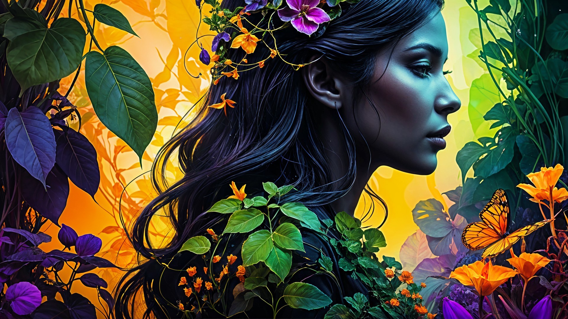 Woman's Profile Amidst Lush Foliage and Flowers