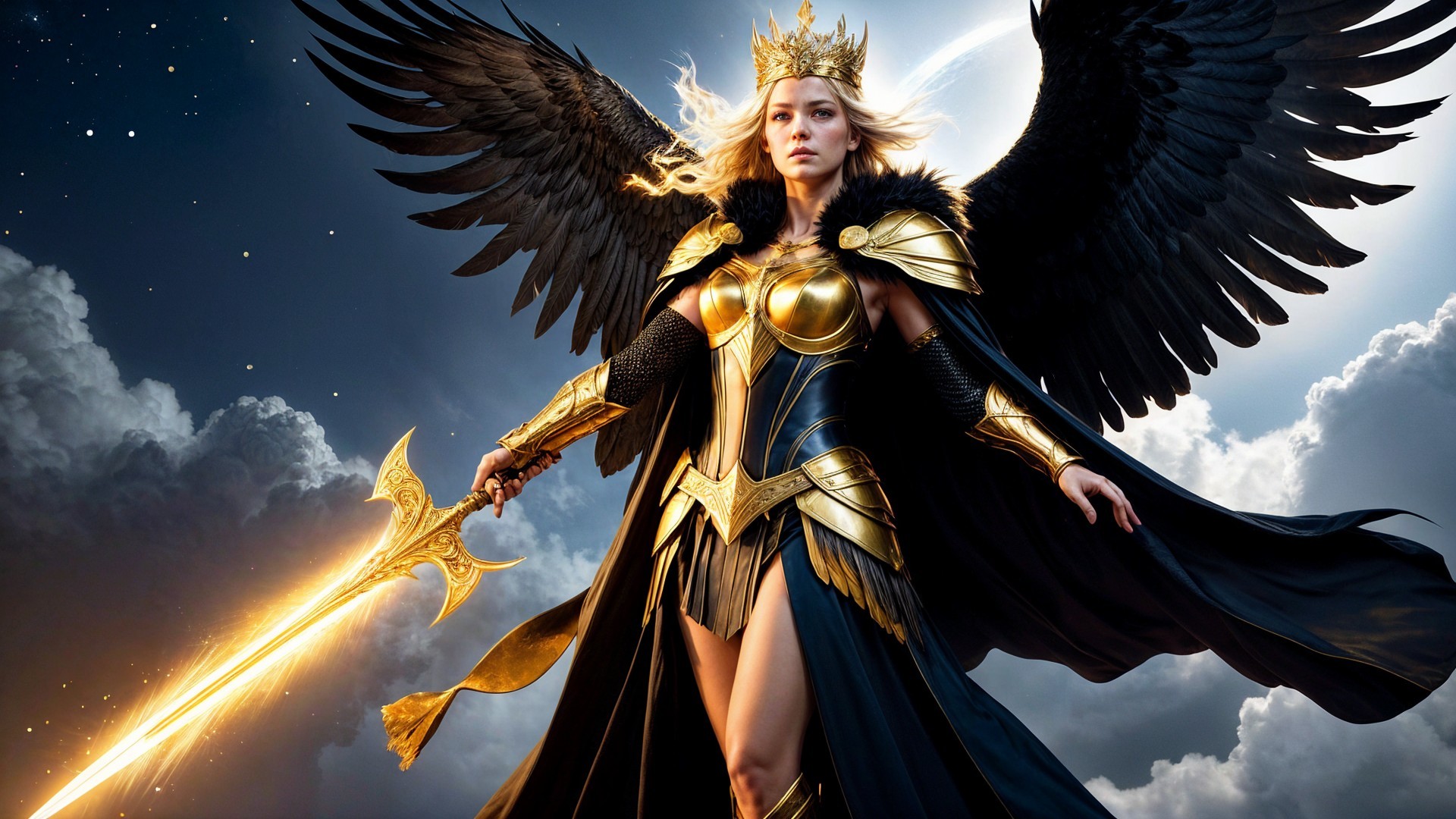 Warrior in Golden Armor with Wings and Sword