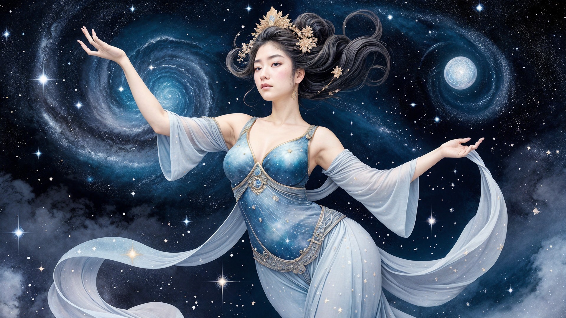 Celestial Figure in Cosmic Landscape with Stars