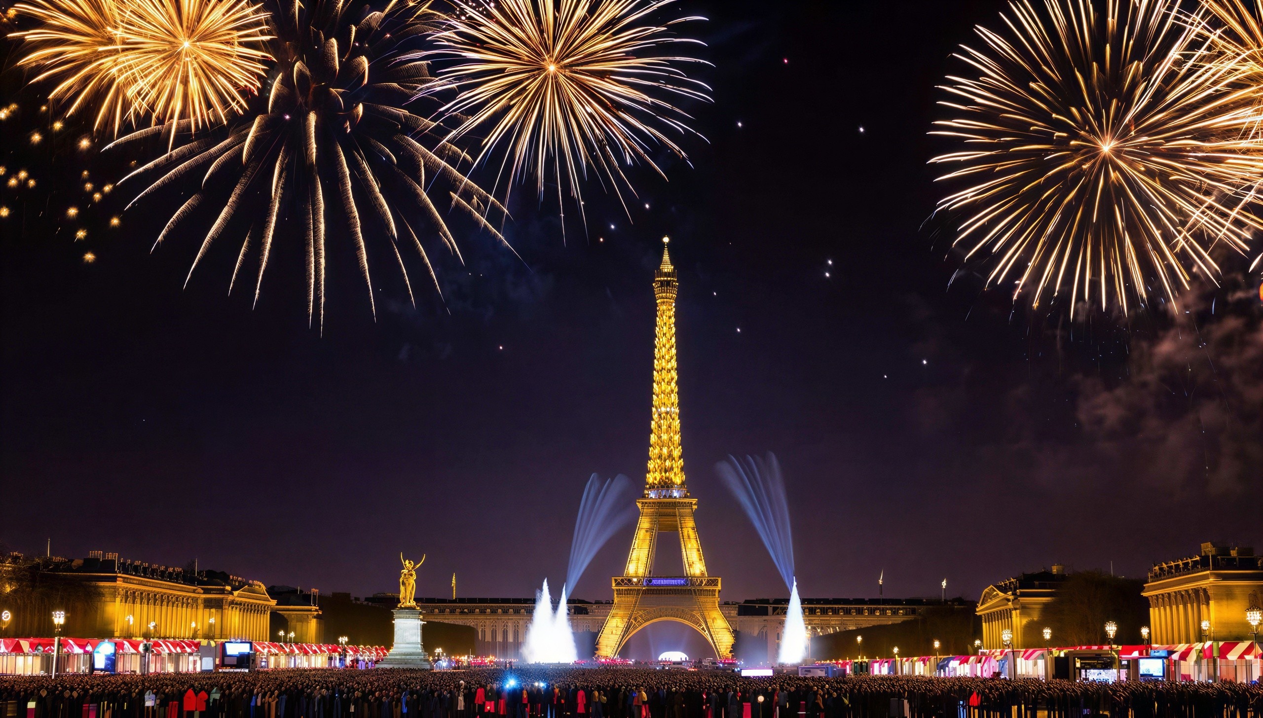 Eiffel Tower Night Scene with Fireworks and Crowd