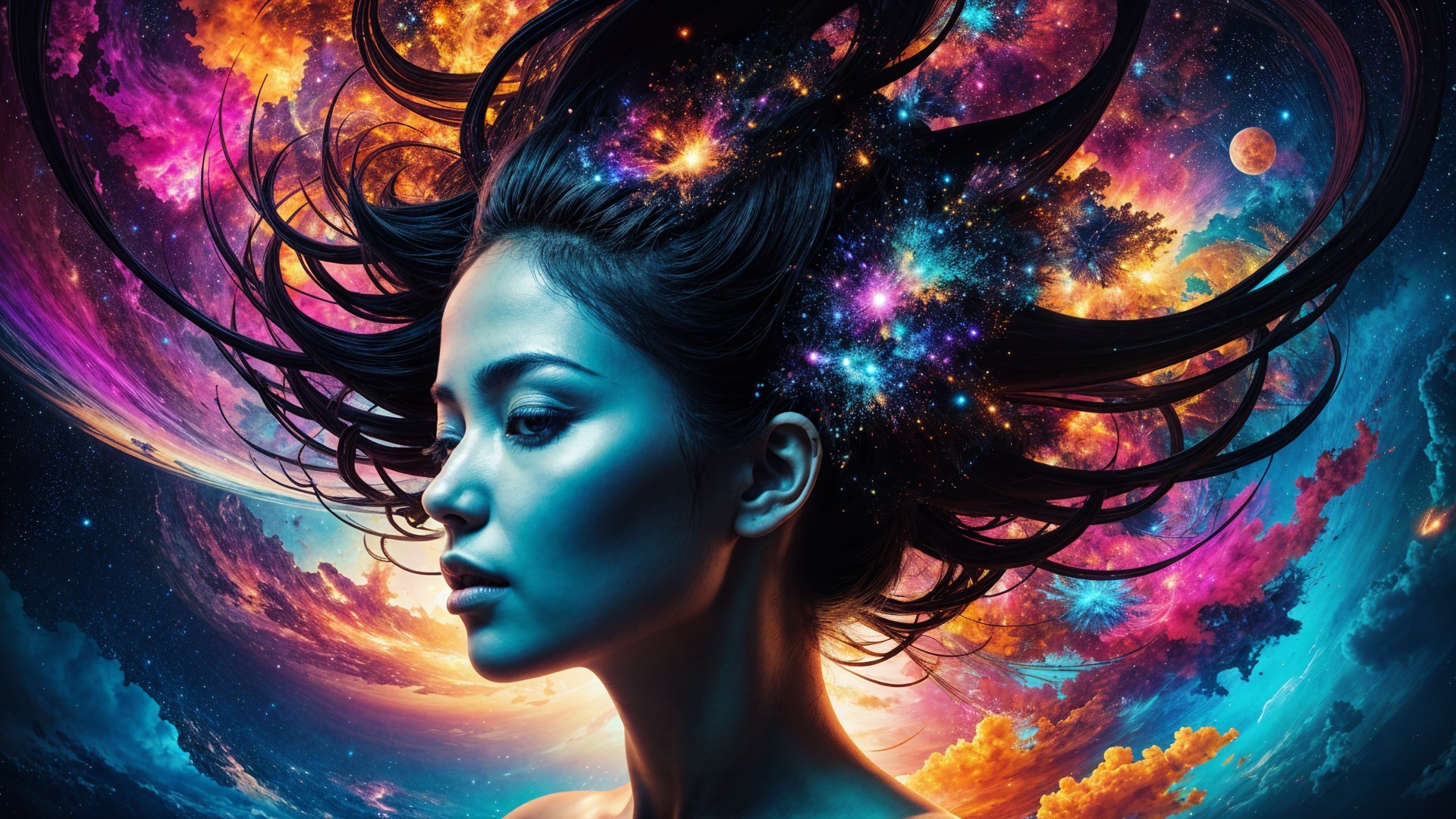 Portrait of a Woman with Cosmic Hair and Vivid Colors