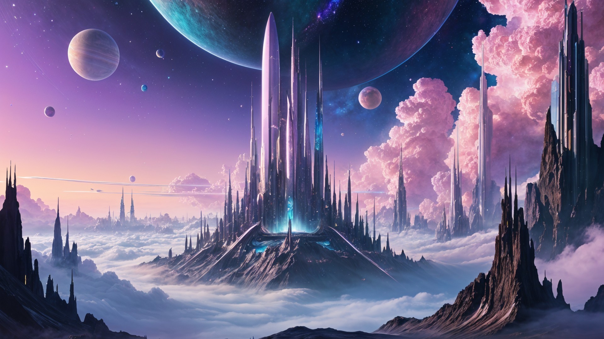 Alien Landscape with Crystalline Spires and Clouds