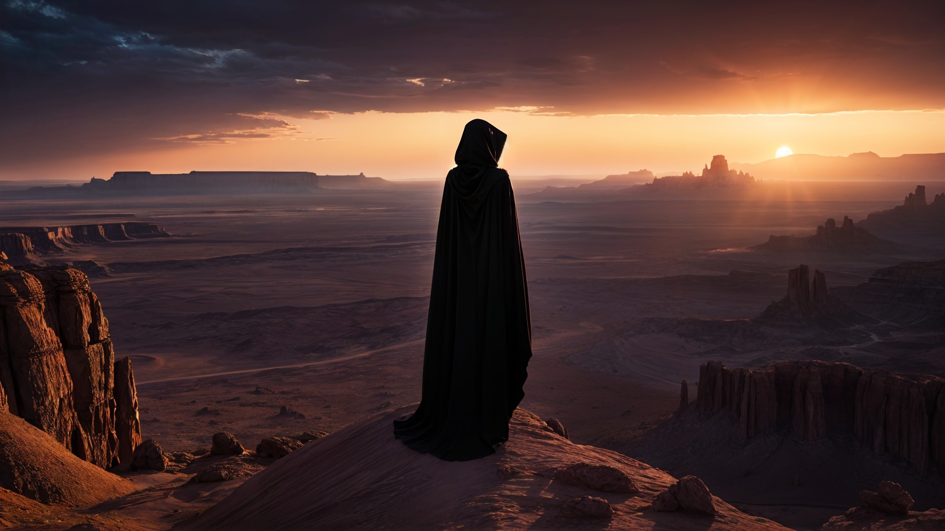 Cloaked Figure Overlooking Desolate Landscape at Sunset