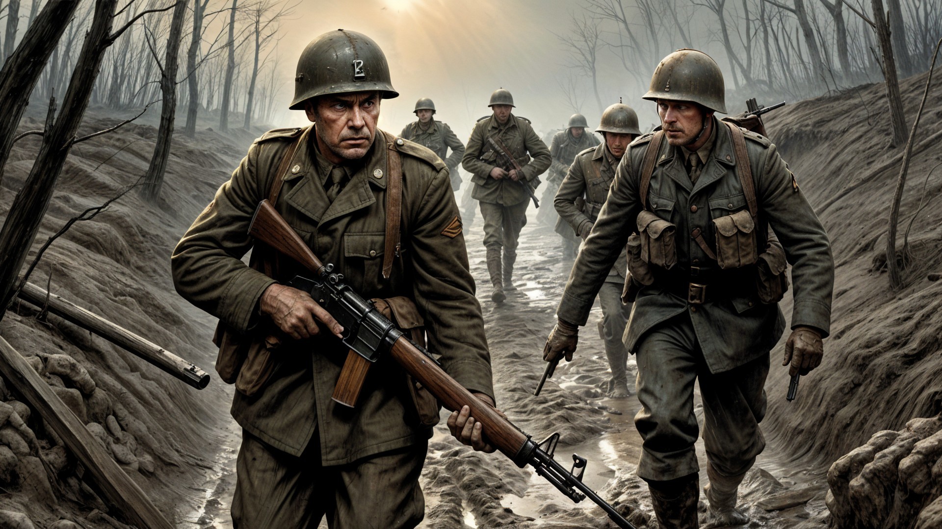 Soldiers in Vintage Uniforms in War-Torn Landscape