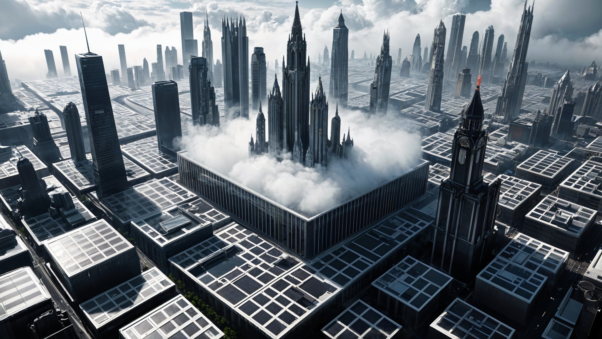 Futuristic cityscape with skyscrapers above clouds