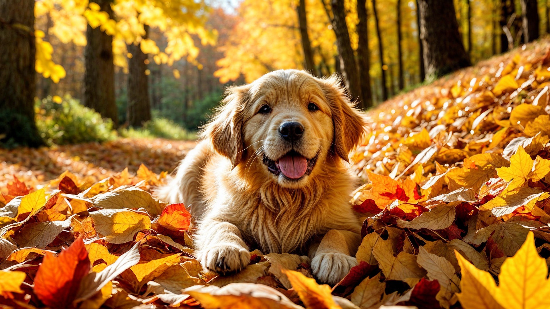 Golden Retriever Relaxing in Autumn Leaves Forest