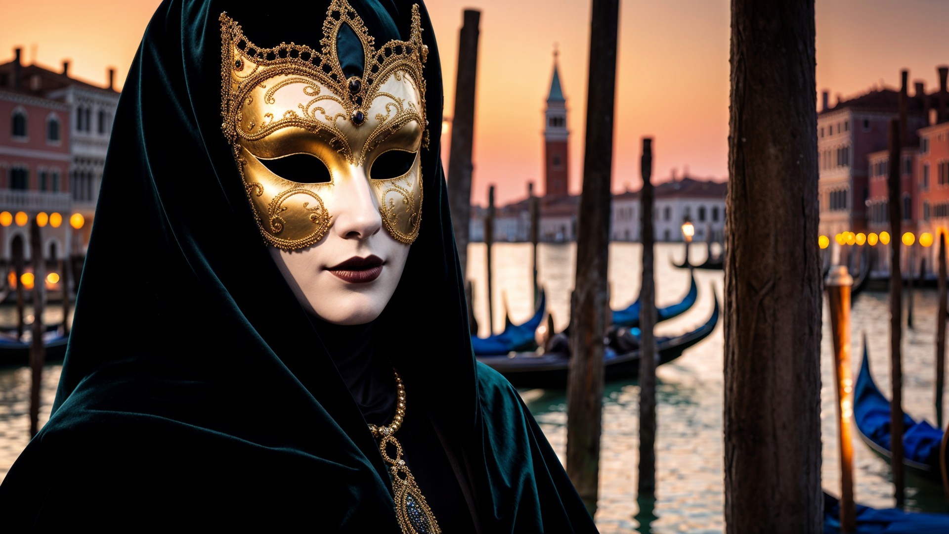 Mysterious Figure in Golden Mask by Venetian Canal