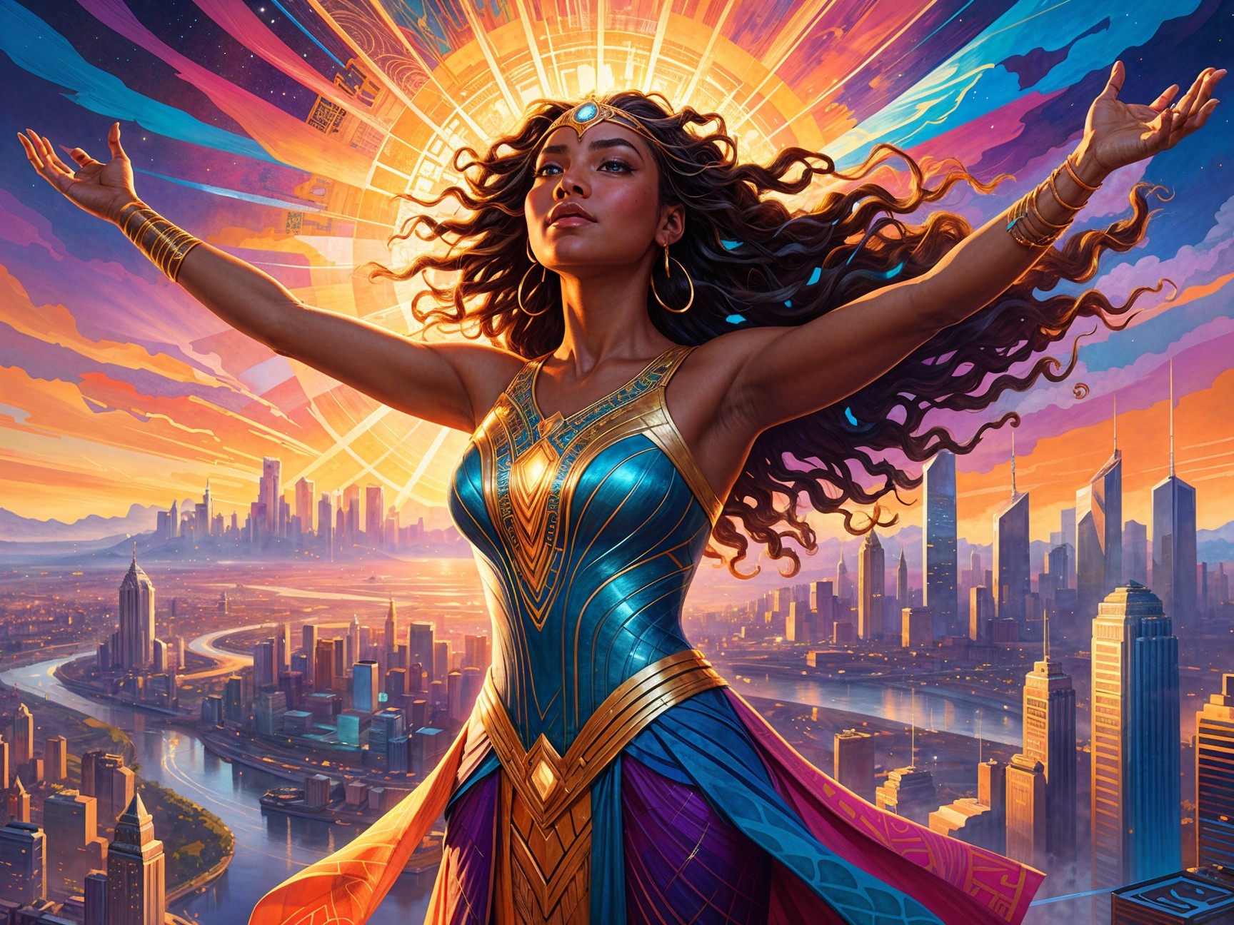 Confident Woman in Vibrant Sunset with City Skyline