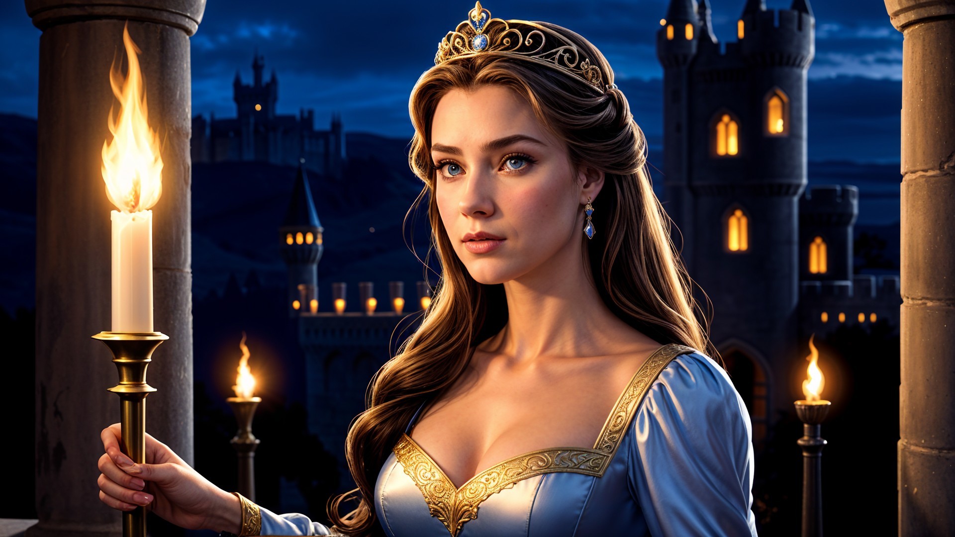 Young Woman in Light Blue Gown in Medieval Setting