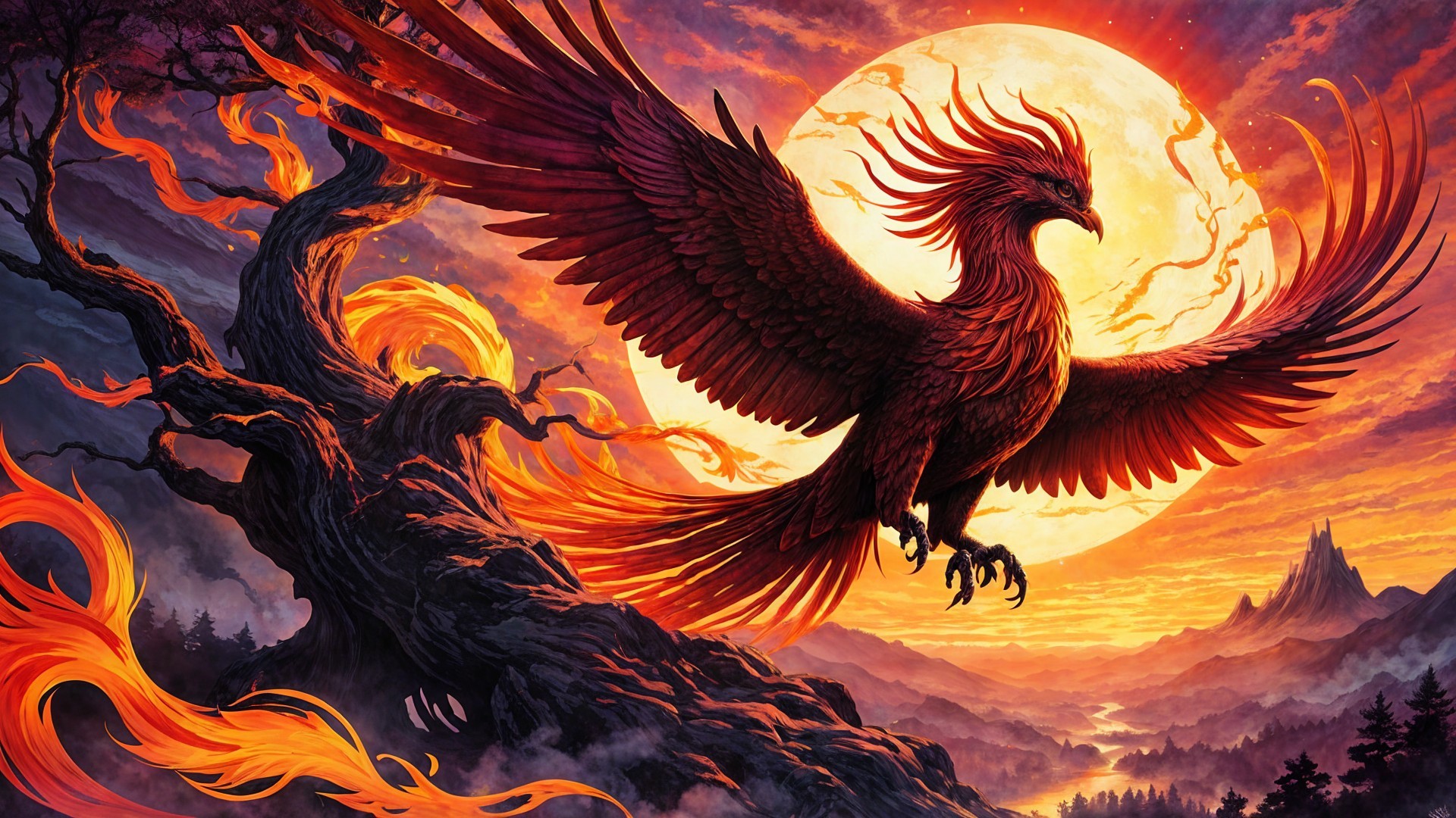 Phoenix Rising at Sunset with Fiery Colors and Landscape