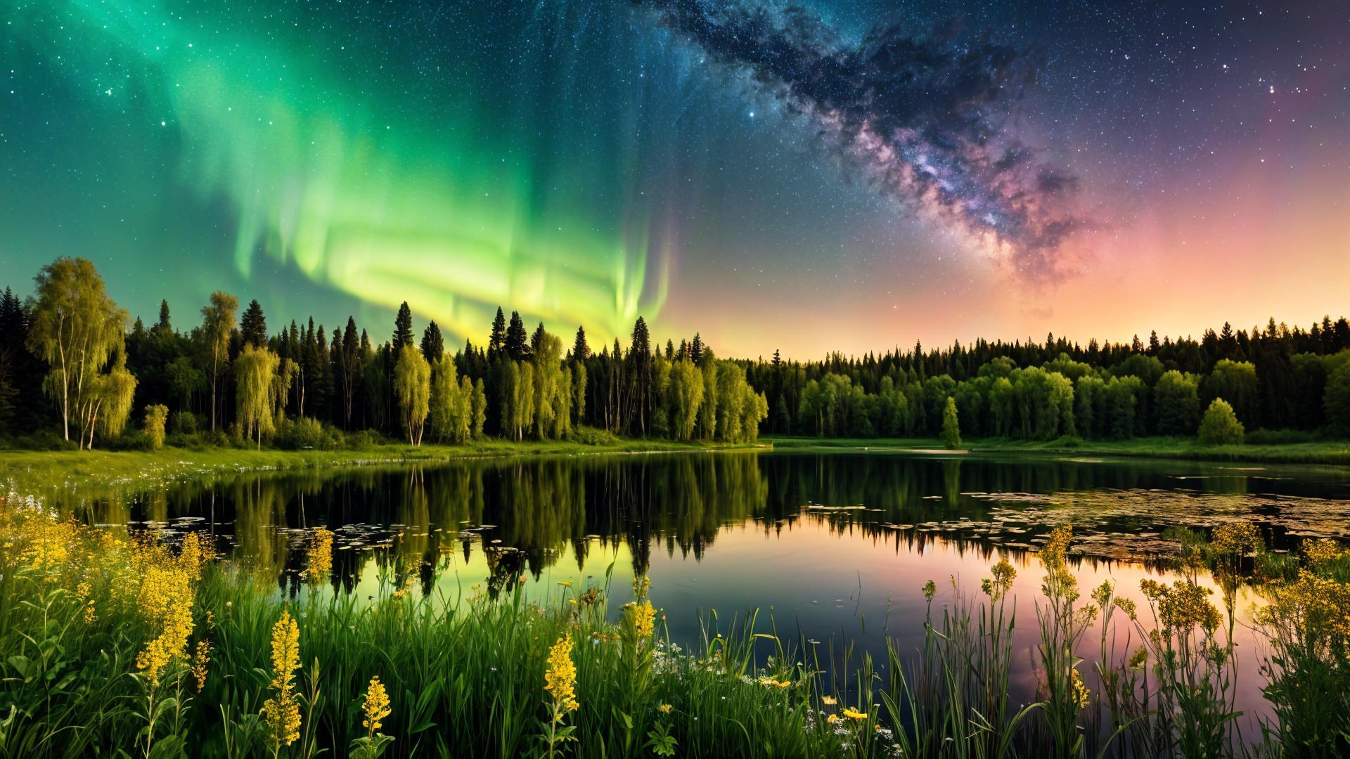 Tranquil Lake with Aurora Borealis and Vibrant Flora