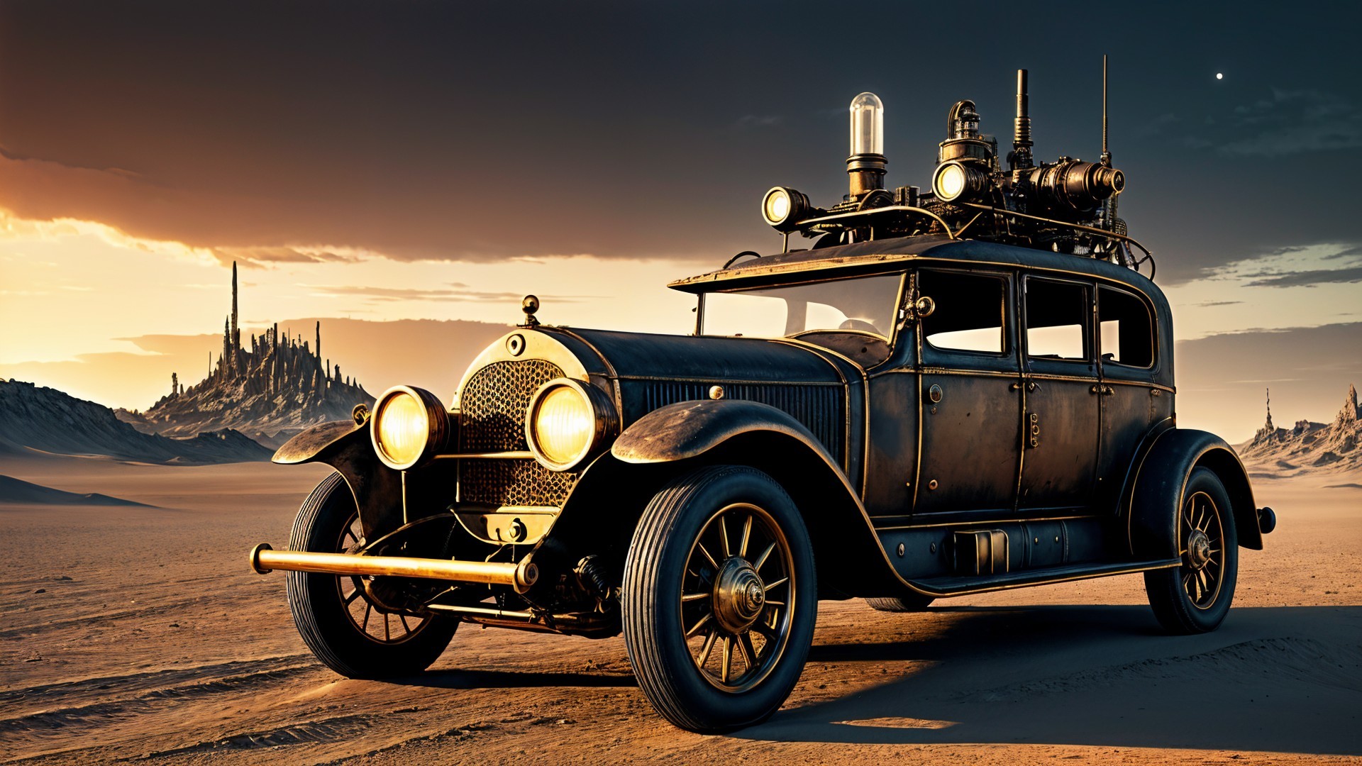 Steampunk Vintage Car in a Barren Landscape