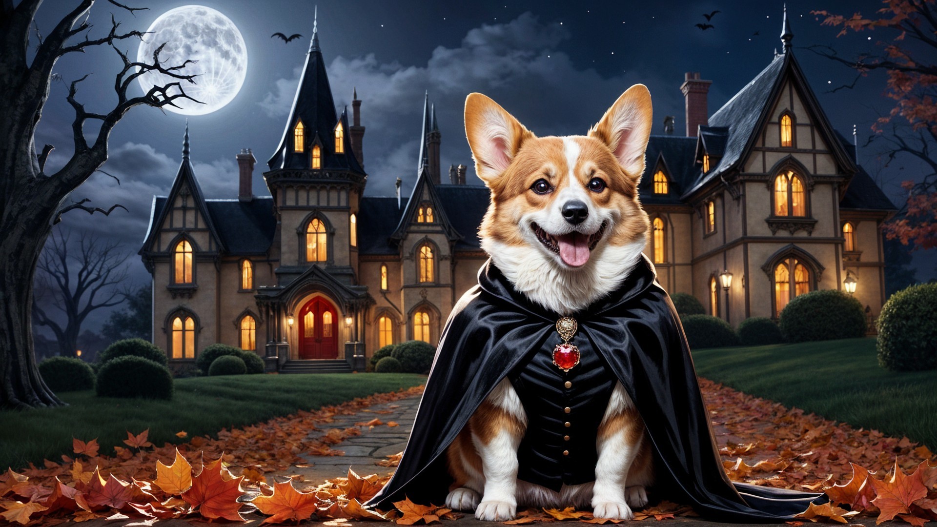 Corgi in Cape by Spooky Mansion with Autumn Leaves