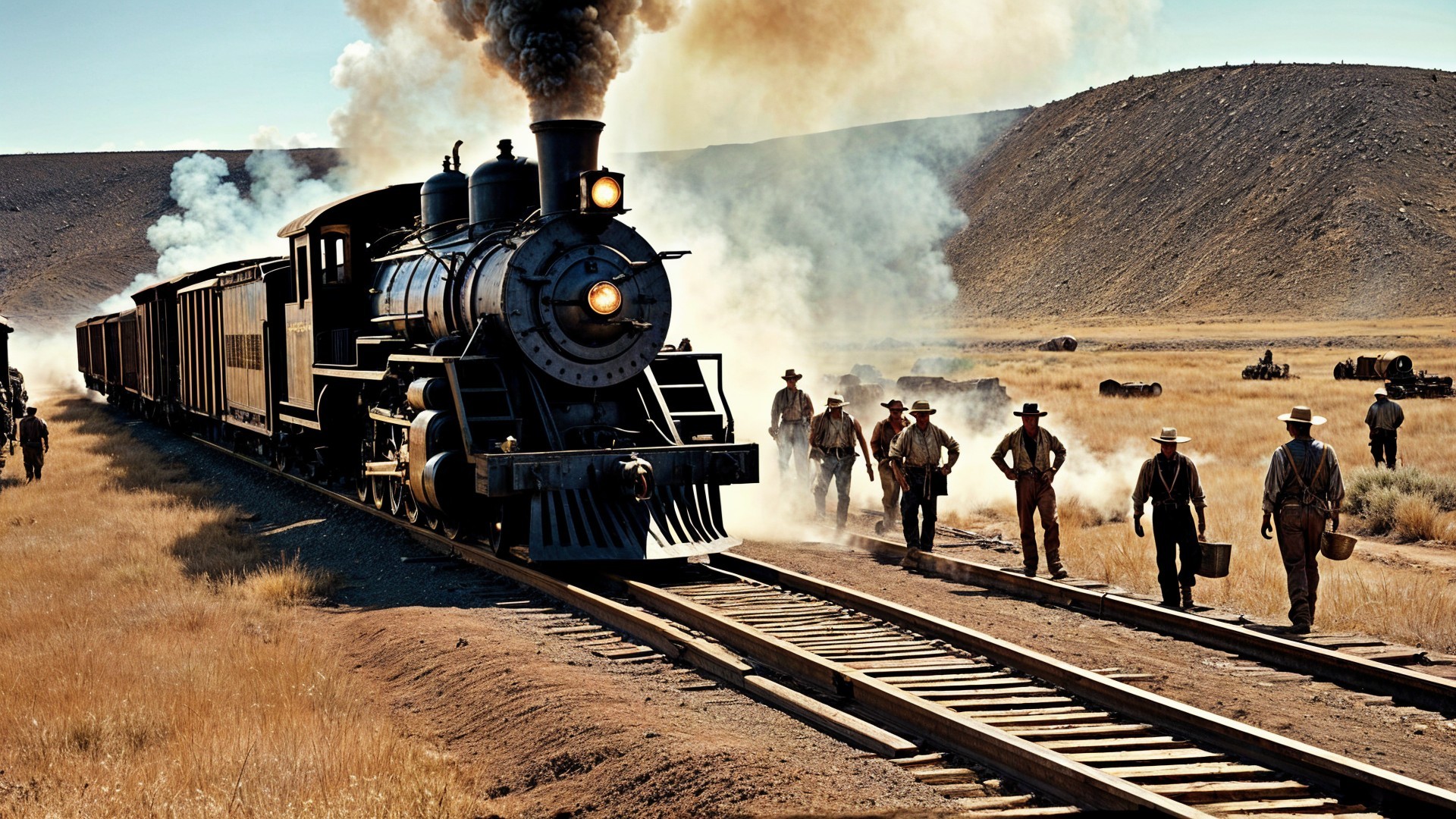 Vintage Steam Locomotive at Rural Train Station Scene