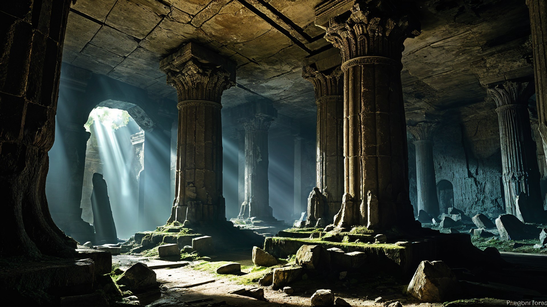 Ancient cavern with stone columns and sunlight patches