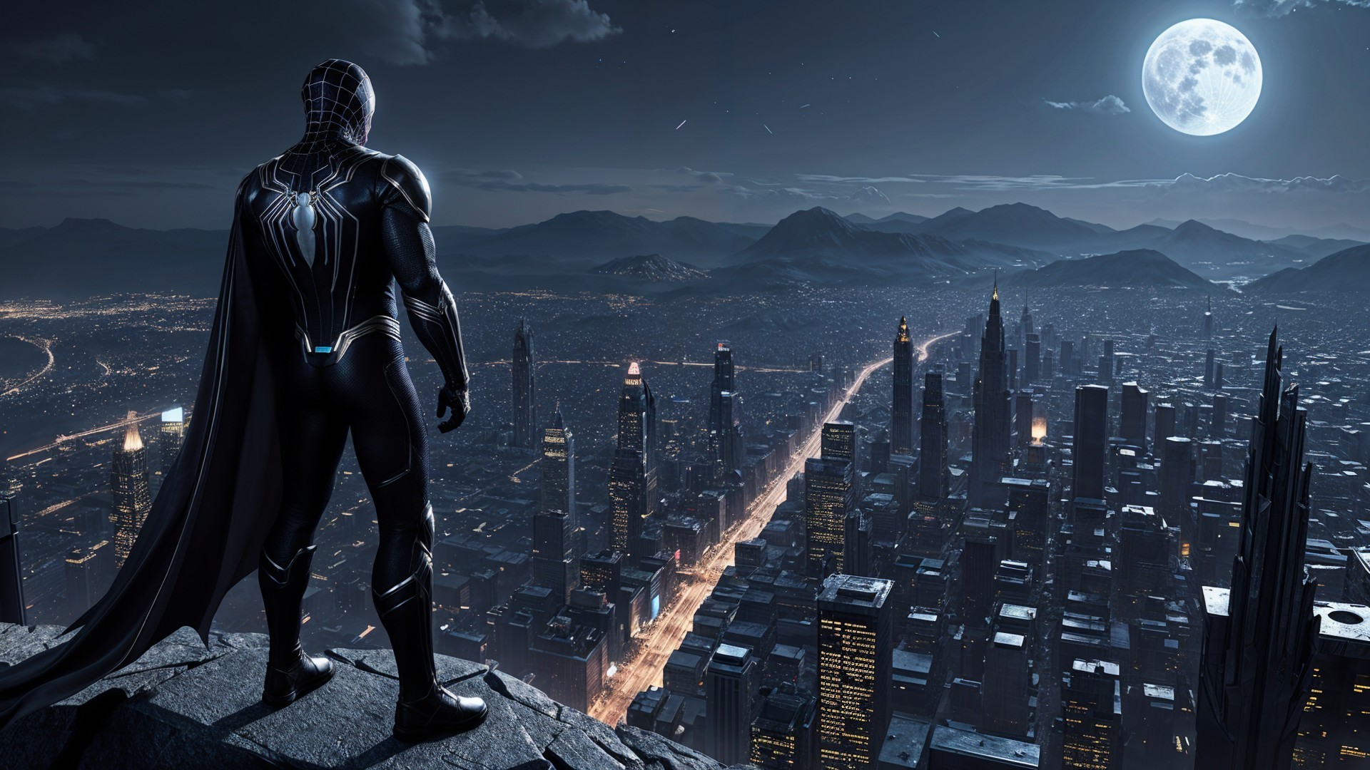 Figure in Black Suit Overlooking City at Night
