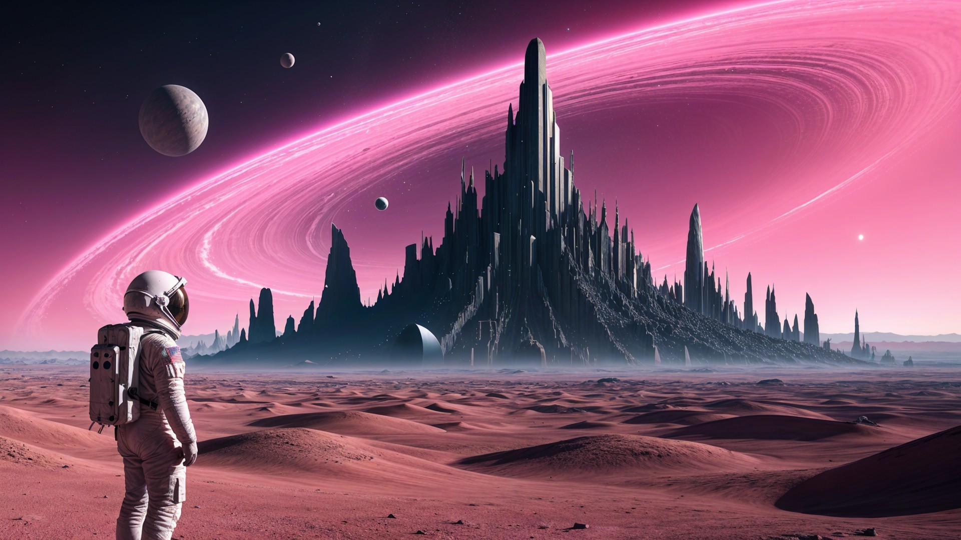 Astronaut on Red Landscape with Ringed Gas Giant Sky