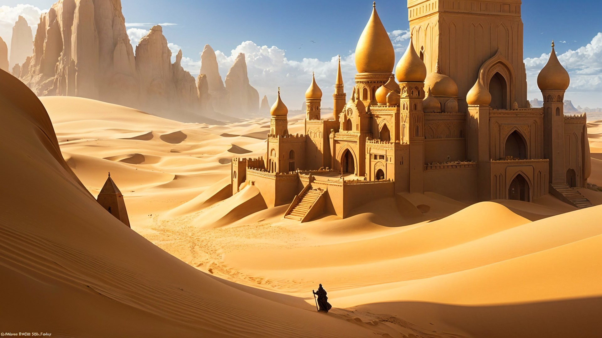 Majestic Sandcastle Amidst Golden Dunes and Clear Sky