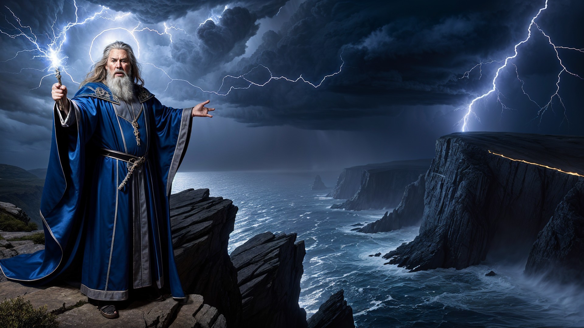 Wizard in Blue Robe Commands Stormy Cliffside Scene